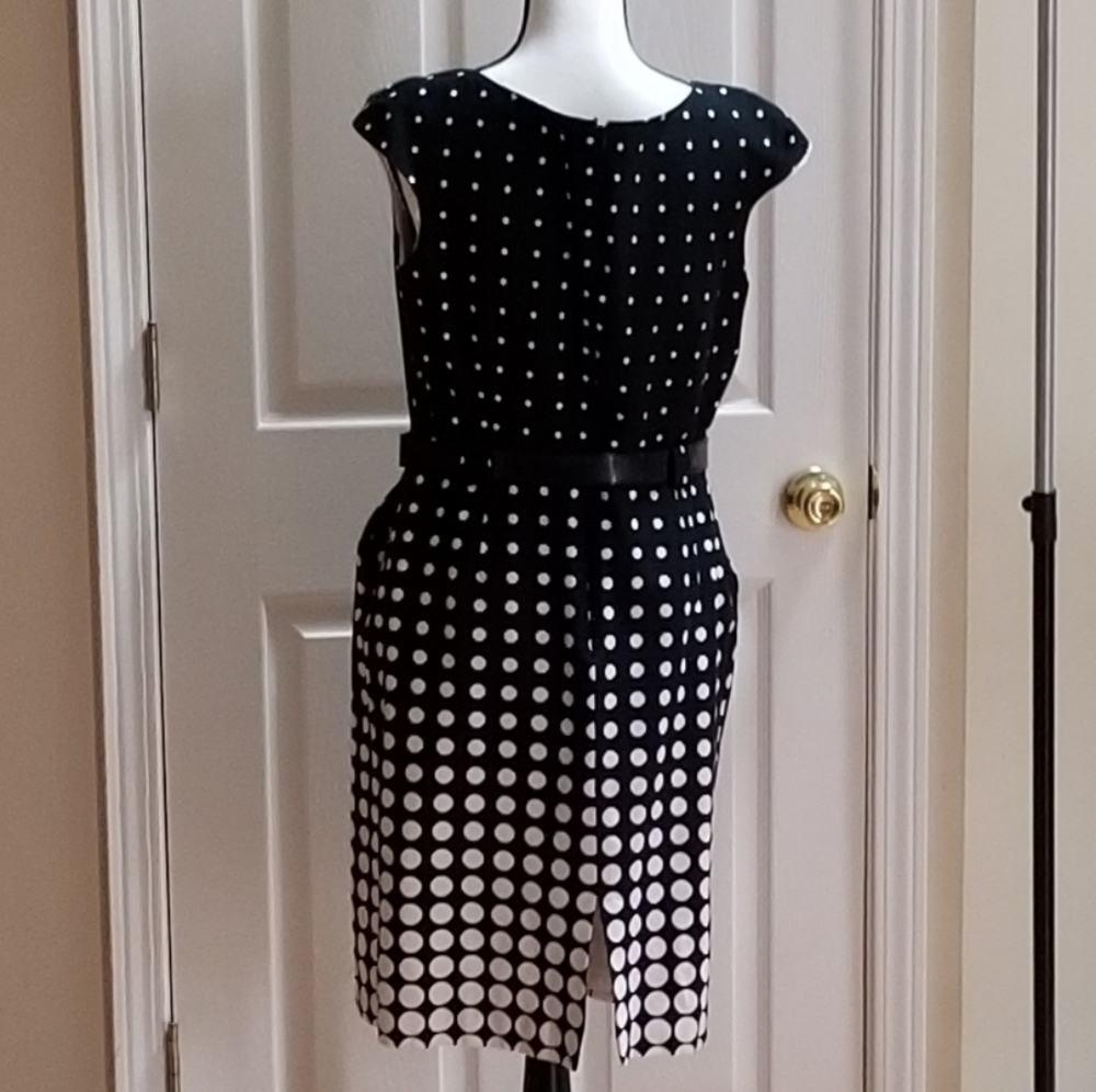 Tahari black and white polka dot belted dress - Picture 2 of 8